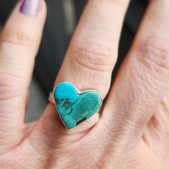 925 Sterling Silver Jewelry - Handmade Sterling Silver 925 Kingman Turquoise Heart Ring Size 6